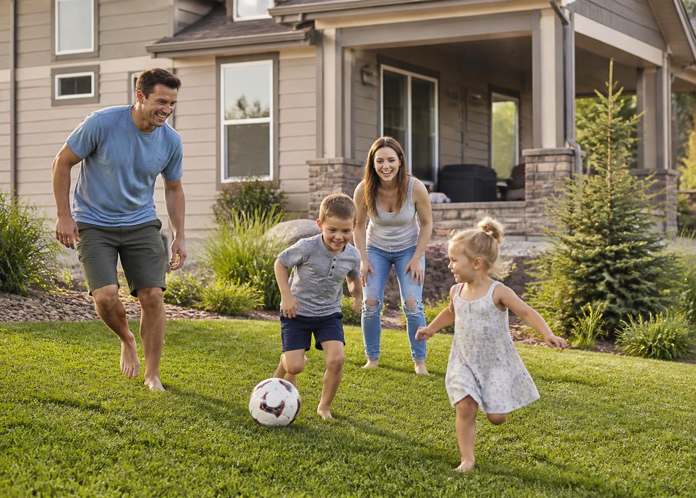 Family with two children playing together on their lawn on a weekend